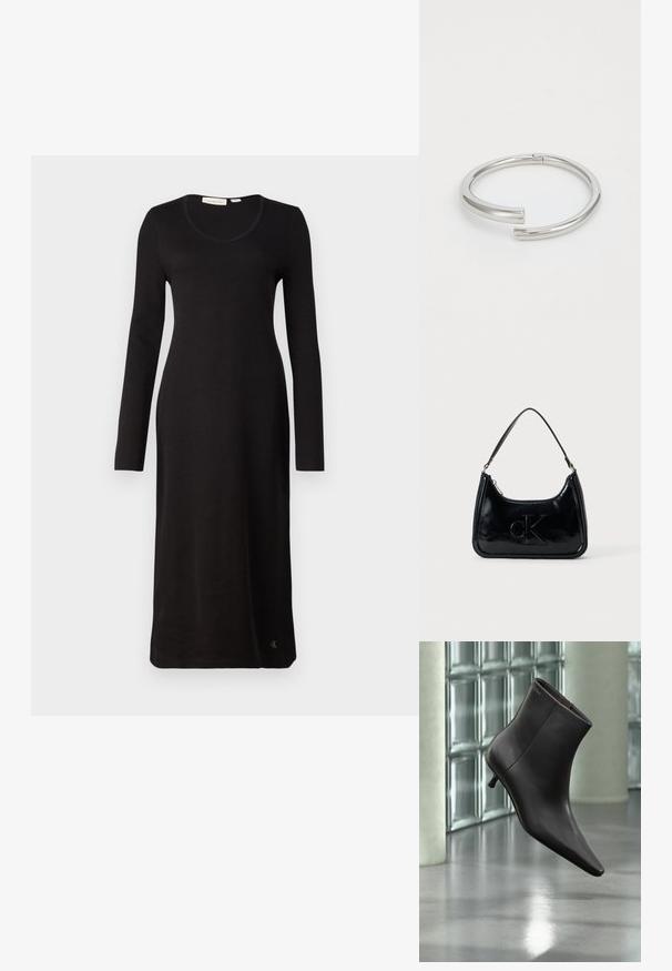 Robe noire à manches longues côtelées avec un décolleté en scoop, coupe droite et un détail de logo à l'ourlet. Fabriquée en tissu doux et texturé.; Bottine en cuir noir avec bout pointu et petit talon, présentée devant un mur en blocs de verre et un sol poli.; Sac à main en cuir verni noir avec une anse incurvée, fermeture éclair et logo "cK" embossé sur le devant. Texture lisse, forme structurée.; Calvin Klein SPIRAL - Bracelet - silver-coloured