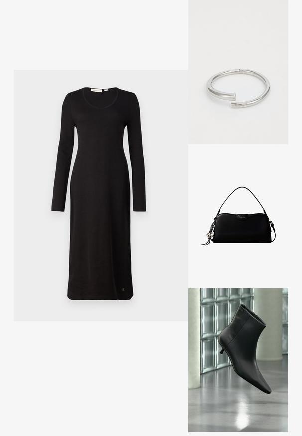 Robe noire à manches longues côtelées avec un décolleté en scoop, coupe droite et un détail de logo à l'ourlet. Fabriquée en tissu doux et texturé.; Bottine en cuir noir à bout pointu et petit talon kitten, présentée en angle devant un sol poli et un mur en blocs de verre.; Sac à main rectangulaire noir Calvin Klein avec une seule sangle supérieure, un charm logo argenté et une petite fermeture à rabat sur le devant.; Calvin Klein SPIRAL - Bracelet - silver-coloured
