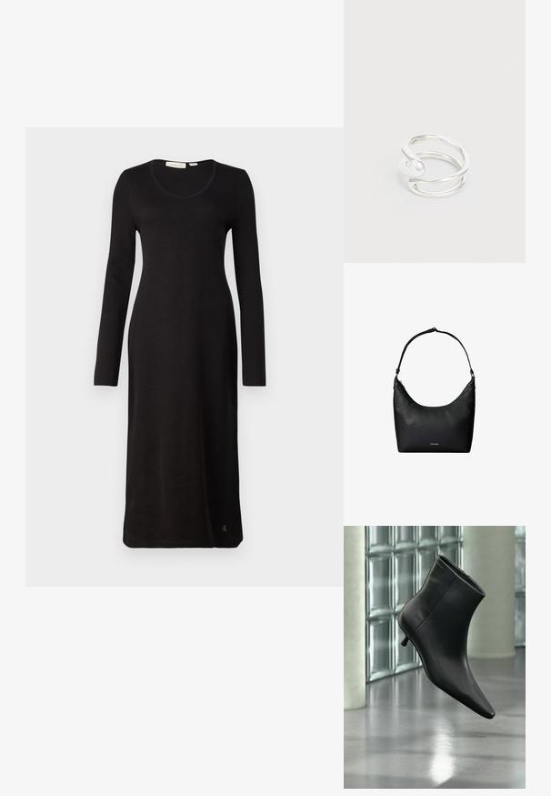 Robe noire à manches longues côtelées avec un décolleté en scoop, coupe droite et un détail de logo à l'ourlet. Fabriquée en tissu doux et texturé.; Bottine en cuir noir à bout pointu et petit talon kitten, présentée en angle devant un sol poli et un mur en blocs de verre.; Sac à bandoulière en cuir noir texturé avec une sangle unique et un petit logo Calvin Klein au centre avant.; Bague en métal argenté avec un design tordu et une finition lisse. La bague a une forme ouverte avec un accent en spirale et une apparence minimaliste.