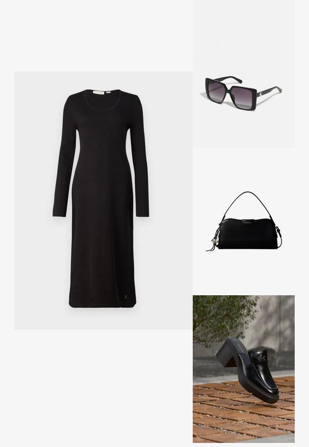Robe noire à manches longues côtelées avec un décolleté en scoop, coupe droite et un détail de logo à l'ourlet. Fabriquée en tissu doux et texturé.; Mule slip-on en cuir noir Calvin Klein avec talon bloc reposant sur des carreaux en bois à l'extérieur près d'une plante verte et d'un mur gris.; Lunettes de soleil noires carrées avec des verres gris dégradés. Montures brillantes avec des lignes épurées. Accent logo argenté sur les branches.; Sac à main rectangulaire noir Calvin Klein avec une seule sangle supérieure, un charm logo argenté et une petite fermeture à rabat sur le devant.
