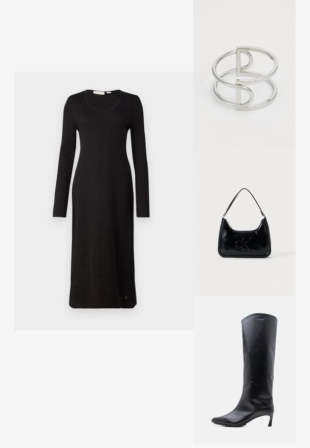 Robe noire à manches longues côtelées avec un décolleté en scoop, coupe droite et un détail de logo à l'ourlet. Fabriquée en tissu doux et texturé.; Botte en cuir noire montant jusqu'au genou avec un bout pointu et un talon haut et mince. Texture lisse avec un minimum de métal et le logo de la marque près du haut.; Sac à main en cuir verni noir avec une anse incurvée, fermeture éclair et logo "cK" embossé sur le devant. Texture lisse, forme structurée.; Bracelet en métal argenté avec un design à double boucle, fini lisse et brillant, et un accent géométrique minimaliste.