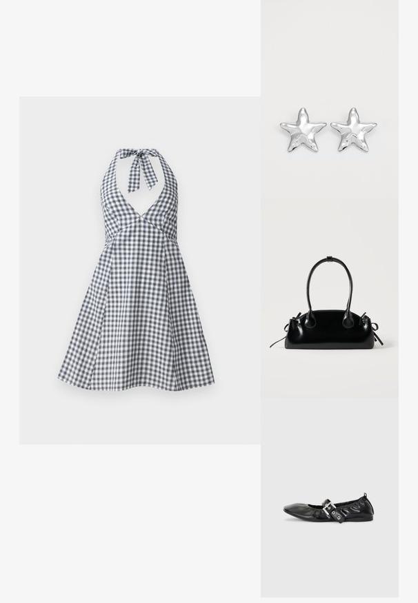 Vestido halter de cuadros en navy y blanco con escote en V profundo y lazo en la espalda. Diseño de falda acampanada con un corsé ajustado y detalles de pinzas.; Zapato plano de piel negra con puntera afilada, detalle fruncido alrededor de la abertura y un acento de hebilla plateada en la correa ajustable.; Pequeño bolso negro brillante con dos asas largas y detalles de cordón lateral sobre un fondo claro liso.; Pendientes en forma de estrella plateada con una superficie pulida y brillante. Cada pendiente presenta cinco puntas y sutiles detalles de textura en la superficie.