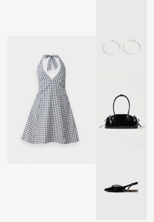 Vestido halter de cuadros en navy y blanco con escote en V profundo y lazo en la espalda. Diseño de falda acampanada con un corsé ajustado y detalles de pinzas.; Zapatos slingback de charol negro con punta afilada, que cuentan con dos hebillas doradas y un tacón pequeño. Textura suave y diseño minimalista.; Pequeño bolso negro brillante con dos asas largas y detalles de cordón lateral sobre un fondo claro liso.; Pareja de pendientes de aro plateados brillantes con cierres de alambre delgado, mostrados sobre un fondo gris claro.