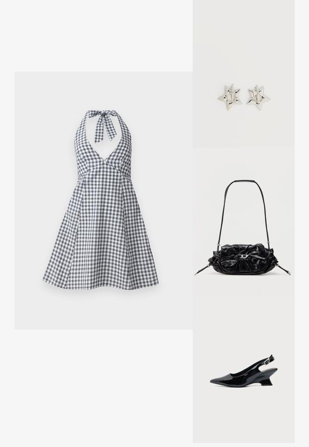 Vestido halter de cuadros en navy y blanco con escote en V profundo y lazo en la espalda. Diseño de falda acampanada con un corsé ajustado y detalles de pinzas.; Zapato slingback de cuero charol negro con puntera puntiaguda y tacón bajo en bloque inclinado sobre fondo claro liso.; Bolso de mano de cuero negro con diseño fruncido y detalle de lazo en la parte frontal. Cuenta con un asa corta y detalles metálicos en color plata.; Pendientes de aro plateados en forma de estrella con un acabado liso y pulido sobre un fondo blanco liso.