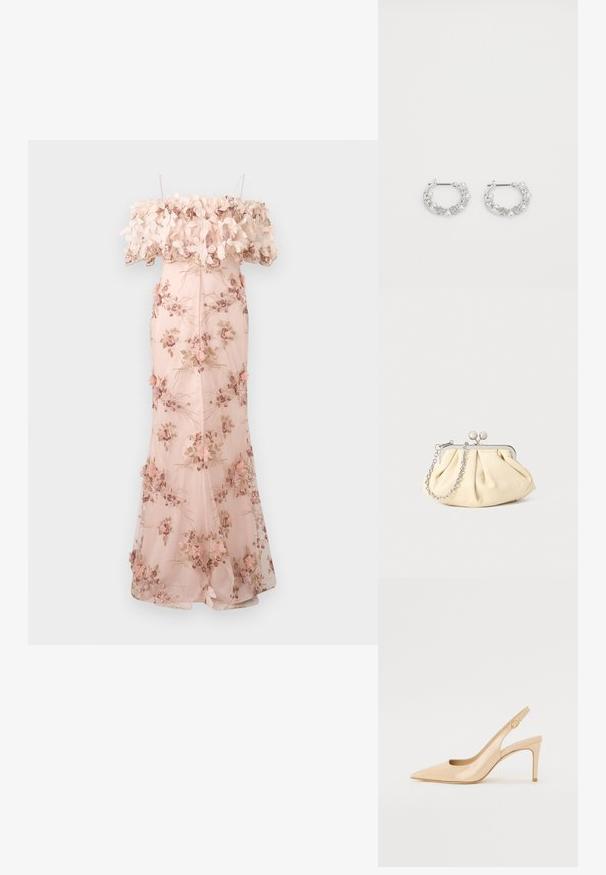 Robe rose claire bustier à épaules dénudées avec broderies florales, appliques de fleurs en 3D au niveau du décolleté, corsage ajusté et jupe fluide longue jusqu’au sol.; Escarpin slingback en cuir verni nude avec un bout pointu, un décolleté ouvert et un talon aiguille fin. Comprend un accent doré circulaire sur la sangle.; Pochette en cuir beige plissé avec un cadre en métal argenté, dotée de deux fermoirs ronds décoratifs et d'une chaîne en argent.; Boucles d'oreilles en argent en forme de créoles avec des accents de perles et de cristaux, présentant une surface texturée et une fermeture à tige sécurisée.