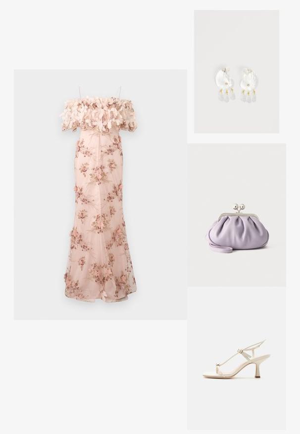 Robe rose claire bustier à épaules dénudées avec broderies florales, appliques de fleurs en 3D au niveau du décolleté, corsage ajusté et jupe fluide longue jusqu’au sol.; Sandale à talon haut beige avec fines lanières, boucle réglable, détail anneau d'orteil, et talon bloc effilé sur une surface plane.; Pochette lavande douce avec tissu froncé, fermoir kiss-lock argenté et bracelet assorti sur un fond clair uni.; Boucles d'oreilles en résine transparente en forme de coquillage avec de petits accents dorés et trois breloques translucides en forme de goutte pendantes sur chaque boucle d'oreille.