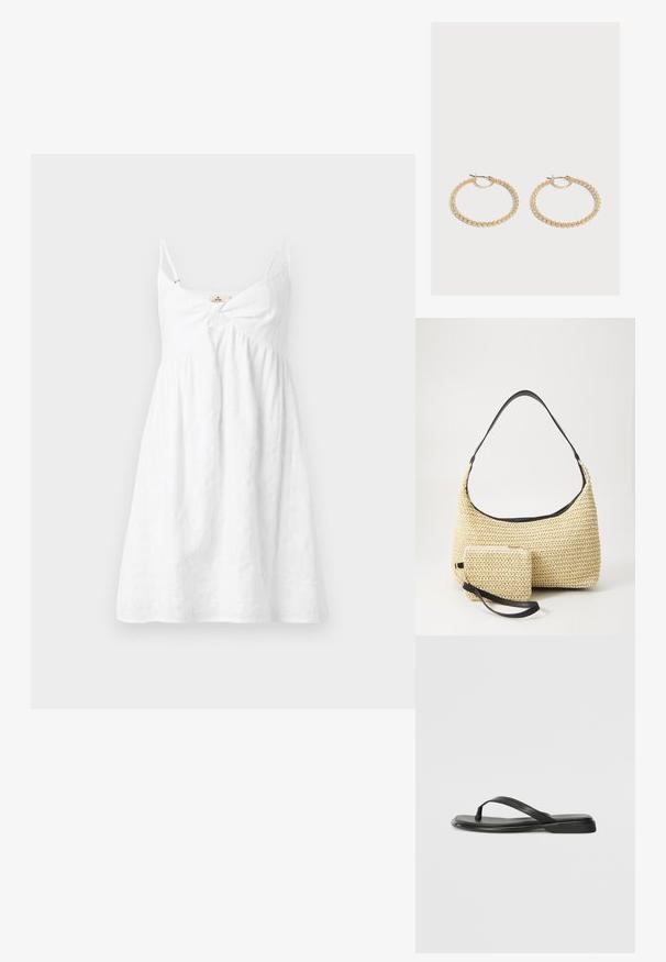 Robe d'été blanche sans manches avec fines bretelles et un détail de nœud froncé à l'avant, réalisée dans un tissu léger texturé.; Tongs noires en cuir lisse, avec un design de sangle fine et une semelle plate à profil minimal. Aucun motif ou accent notables.; Sac à main en paille tissée avec une silhouette courbée, doté d'une bandoulière en cuir noir lisse et d'une petite pochette assortie attachée par une sangle pour le poignet.; Paire de boucles d'oreilles créoles en or de taille moyenne avec un design texturé et perlé sur un fond clair uni.
