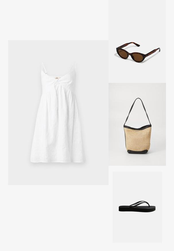 Robe d'été blanche sans manches avec fines bretelles et un détail de nœud froncé à l'avant, réalisée dans un tissu léger texturé.; Tongs en caoutchouc noir avec semelle texturée et bride en forme de Y, vues de côté sur un fond clair uni.; Lunettes de soleil en écaille de tortue marron avec une forme vintage de lunettes cat-eye et des verres marron. Présente des branches courbées avec des accents rouges.; Sac fourre-tout tissé en paille avec une texture naturelle, rehaussé d'une bordure en simili cuir noir et d'une bandoulière ; design ouvert.