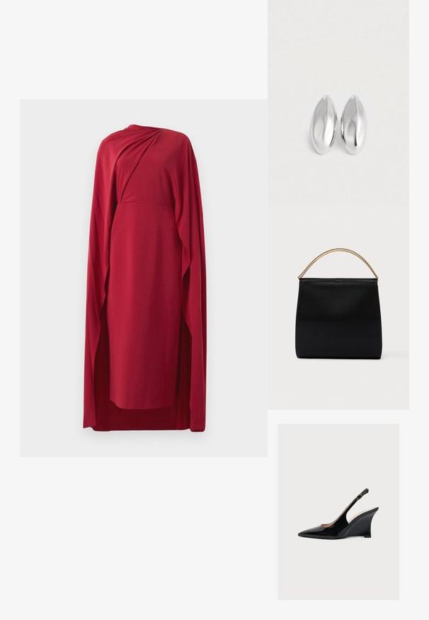 Rød knælængde kjole med draperet stofdetalje og matchende lang kappe, der flyder fra den ene skulder, vist mod en hvid baggrund.; Sort laklæder kilehæl med slingback, spids tå og slank justerbar ankelstrop med spænde.; Sort taske lavet af glat stof, med en struktureret form, et håndtag med guld kæde og et minimalistisk geometrisk design.; Et par glatte, skinnende sølvfarvede ovalformede genstande placeret side om side på en helt hvid baggrund.