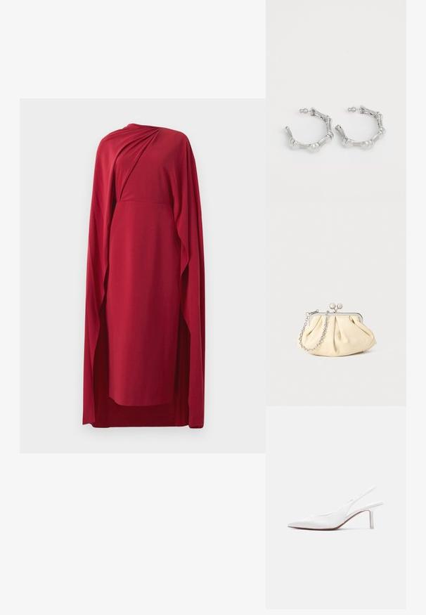 Robe rouge midi avec des détails de tissu drapé et une longue cape assortie se déplaçant d'une épaule, affichée sur un fond blanc.; Chaussure pour femme en cuir blanc avec bride arrière, bout pointu, petit talon kitten bas et petit nœud décoratif sur le dessus, vue de profil latéral.; Pochette en cuir beige plissé avec un cadre en métal argenté, dotée de deux fermoirs ronds décoratifs et d'une chaîne en argent.; Boucles d'oreilles en argent avec un design texturé et bosselé. Fabriquées en métal, elles disposent d'une fermeture à tige sécurisée et d'une finition polie.