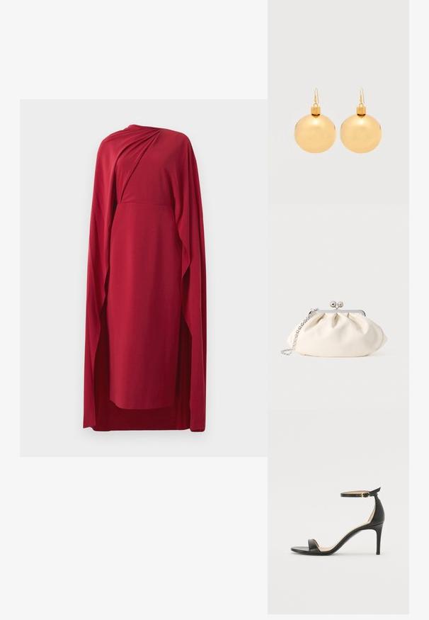Robe rouge midi avec des détails de tissu drapé et une longue cape assortie se déplaçant d'une épaule, affichée sur un fond blanc.; Sandale à talons hauts en cuir noir avec une lanière de cheville. Présente une texture lisse, un bout ouvert et un talon fin. Détail de boucle en ton doré.; Pochette en tissu crème avec un design froncé, cadre en métal argenté, deux boules décoratives, et une bandoulière chaîne argentée.; Paire de boucles d'oreilles boule de Noël dorées brillantes avec fermoirs à crochet sur fond blanc uni.