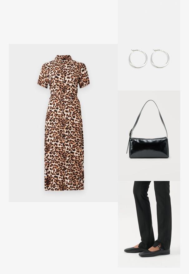 Robe midi imprimée léopard avec des manches courtes, un col, une fermeture à boutons sur le devant et une taille cintrée, fabriquée en tissu léger au toucher doux.; Jambes vêtues d’un pantalon slim noir avec des fentes à l’avant de l’ourlet, assorties à des chaussures plates Mary Jane noires avec une petite bride à boucle.; Sac d'épaule rectangulaire noir avec une sangle réglable unique et une fermeture éclair supérieure sur un fond uni.; Les boucles d'oreilles en argent en forme de créole présentent un design lisse et arrondi avec un profil fin et un fermoir sécurisé. Style minimaliste avec une finition polie.