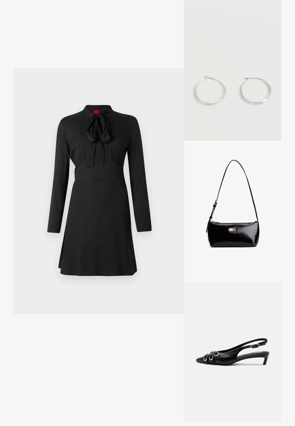 Robe noire à manches longues, col haut et détail de nœud au niveau de l'encolure. Tissu lisse avec un corsage ajusté et une jupe évasée.; Chaussure slingback en cuir noir avec bout pointu, trois boucles argentées à l'avant et petit talon kitten sur fond blanc.; Sac à épaule en cuir verni noir avec une bandoulière incurvée, fermeture éclair et un patch rectangulaire avec un logo en rouge, blanc et bleu.; Boucles d’oreilles créoles en métal argenté avec une surface lisse légèrement incurvée et des fermoirs à clapet sur un fond blanc uni.