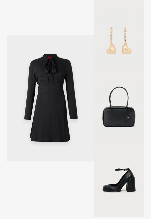 Robe noire à manches longues, col haut et détail de nœud au niveau de l'encolure. Tissu lisse avec un corsage ajusté et une jupe évasée.; Chaussure à talon haut en cuir noir avec bout arrondi et bride de cheville réglable avec boucle dorée sur fond uni clair.; Sac à main rectangulaire noir avec doubles poignées arrondies, fermeture éclair dorée et logo "HUGO" embossé sur le devant avec une étiquette en cuir attachée.; Boucles d'oreilles en or avec pendentifs en forme de cœur, agrémentées d'une rangée de petits strass sur le cercle. Surface lisse et réfléchissante.