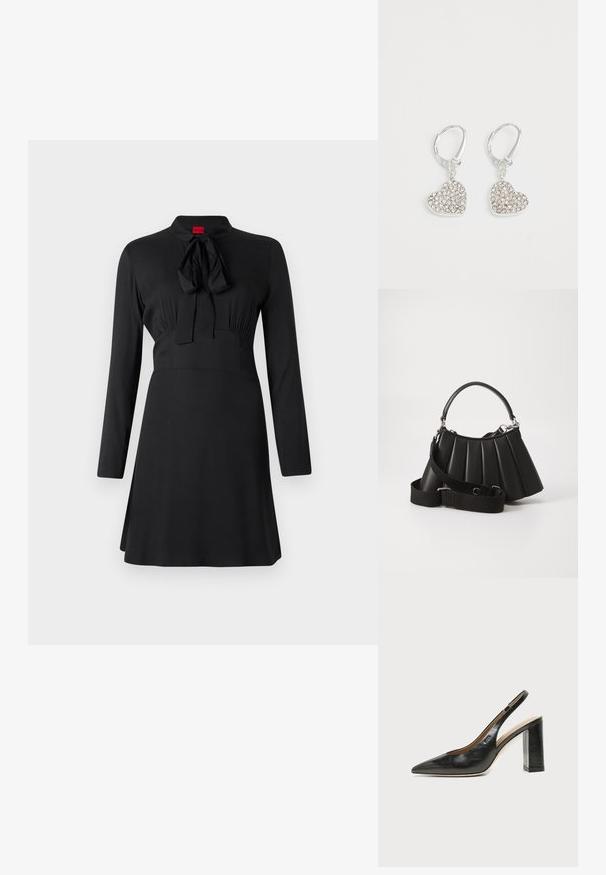Robe noire à manches longues, col haut et détail de nœud au niveau de l'encolure. Tissu lisse avec un corsage ajusté et une jupe évasée.; Chaussure slingback en cuir noir à bout pointu avec un talon bloc haut et une doublure intérieure beige sur un fond clair uni.; Sac à main plissé noir avec une poignée arrondie, une bandoulière réglable et une texture brillante. Présente des accessoires en argent et une silhouette structurée.; Boucles d'oreilles en forme de cœur en argent ornées de strass transparents, dotées de fermoirs à levier pour un maintien sécurisé.