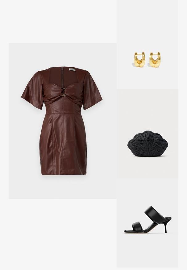 Brun læder mini kjole med firkantet halsudskæring, korte ærmer, forstyret detalje foran og lynlås lukning bagpå.; Sort læder mule sandal med to brede remme og en slank mellemhøj stiletthæl på en ensartet lys baggrund.; Sort flet håndtaske formet som en muslingeskal med en buet top og flettet tekstur på en ensfarvet baggrund.; Guld hoops øreringe med et slankt, afrundet design. Har en hul midte og en blank overflade, der komplementerer moderne stilarter.