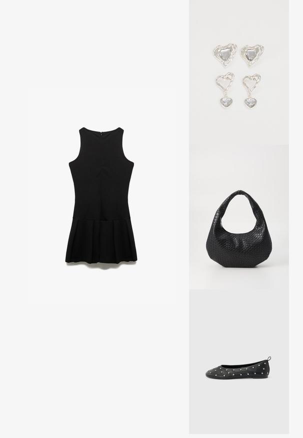 Robe noire sans manches avec un corsage ajusté et une jupe plissée évasée. Tissu lisse avec une fermeture éclair dans le dos. Design simple et épuré.; Ballerine noire en cuir avec de petits clous argentés et une languette à l'arrière, vue de côté sur un fond gris clair.; Sac à main tissé noir avec une poignée courbée, présentant une surface texturée et une forme décontractée. Fini lisse avec une silhouette organique.; Des boucles d'oreilles en argent en forme de cœur présentent des pierres claires facettées, avec un cadre texturé. L'ensemble comprend des styles à clou et des styles pendants.