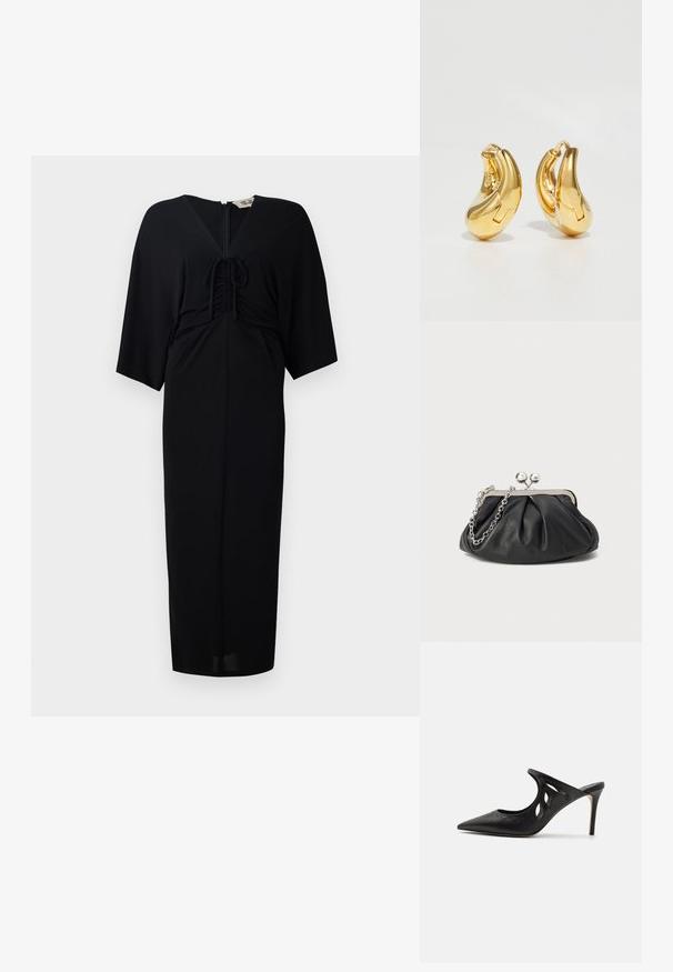 Čierne midi šaty s krátkymi kimono rukávmi, predným viazaním, zipsom a priliehavým strihom. Hladká látka, minimalistický dizajn.; Čierne kožené vysoké špičaté papuče s výrezmi po stranách a hladkou textúrou. Stiletto podpätok a jemný steh.; Čierna kožená kabelka s vrúbkovou textúrou, strieborným kovovým rámom, uzáverom na pobozkanie a retiazkou na nosenie. Hladký, jemný povrch.; Zlaté kruhové náušnice s hladkým, zakriveným tvarom a lesklým povrchom. Majú uzatvárací mechanizmus a jemné prehlbenia pre detail.
