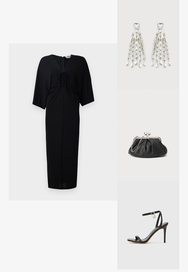 Čierne midi šaty s krátkymi kimono rukávmi, predným viazaním, zipsom a priliehavým strihom. Hladká látka, minimalistický dizajn.; Čierna sandála na vysokom opätku s úzkym remienkom okolo členka, štvorcovou špičkou, hladkým koženým materiálom a kovovým zapínaním.; Čierna kožená kabelka s vrúbkovou textúrou, strieborným kovovým rámom, uzáverom na pobozkanie a retiazkou na nosenie. Hladký, jemný povrch.; Strieborné lustrové náušnice so štvorcovými náušnicami, kruhovými perlami a visiaca reťazová štruktúra končiaca v tvare slzy.