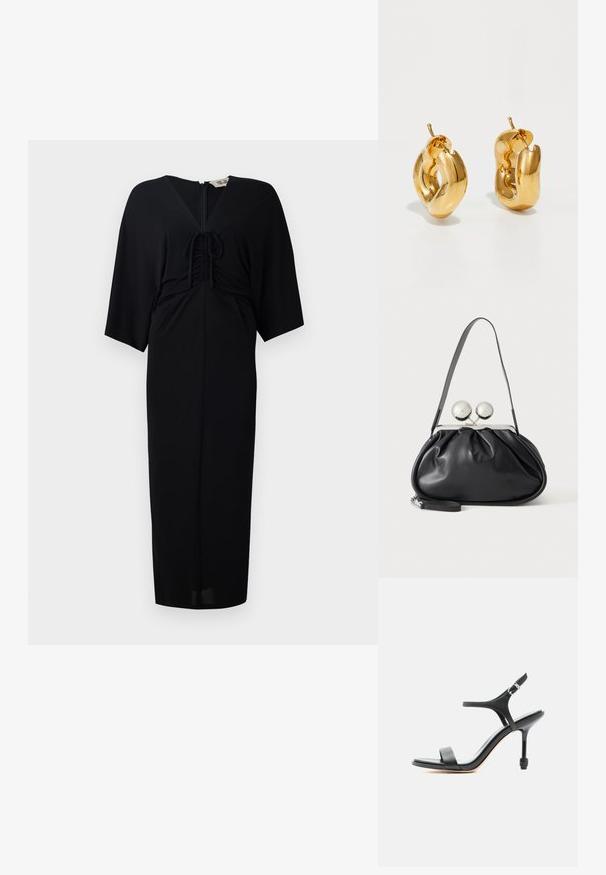 Sort midi-kjole med korte kimono-ærmer, frontbinding, lynlås og en tætsiddende silhuet. Glat stof, minimalistisk design.; Sort læder sandal med høje hæle, tynde stropper, åben tå og justerbar ankelspænde, vist mod en ensartet hvid baggrund.; Sort læderhåndtaske med opsamlet design, en enkelt rem, sølv metalramme og to store runde sølv lukninger.; Chunky guld hoop øreringe med et let snoet, rørformet design og postsystem bagpå, på en hvid baggrund.