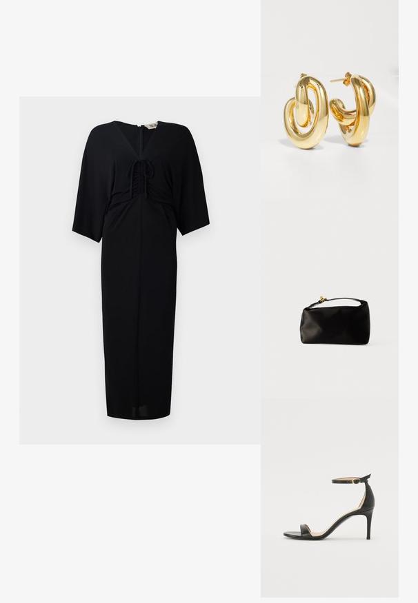 Čierne midi šaty s krátkymi kimono rukávmi, predným viazaním, zipsom a priliehavým strihom. Hladká látka, minimalistický dizajn.; Čierne kožené sandále na vysokom podpätku s popruhom okolo členka. Vlastnosti hladkého povrchu, otvorenej špičky a tenkého podpätku. Detail zlatého spony.; Čierna saténová taška v tvare guľatého pohlavia, s hornou rúčkou a zlatým zapínaním. Hladký povrch s minimalistickým dizajnom.; Charlotte Chesnais BO INITIAL BLOW - Náušnice - gold-coloured