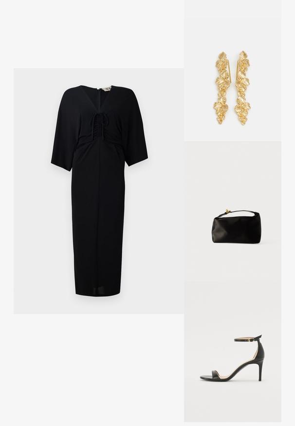Čierne midi šaty s krátkymi kimono rukávmi, predným viazaním, zipsom a priliehavým strihom. Hladká látka, minimalistický dizajn.; Čierne kožené sandále na vysokom podpätku s popruhom okolo členka. Vlastnosti hladkého povrchu, otvorenej špičky a tenkého podpätku. Detail zlatého spony.; Čierna saténová taška v tvare guľatého pohlavia, s hornou rúčkou a zlatým zapínaním. Hladký povrch s minimalistickým dizajnom.; Zlaté náušnice navrhnuté ako kaskádovité listy, s detailne spracovanými vzormi listov a lesklým kovovým povrchom. Ľahké s jemnou štruktúrou.