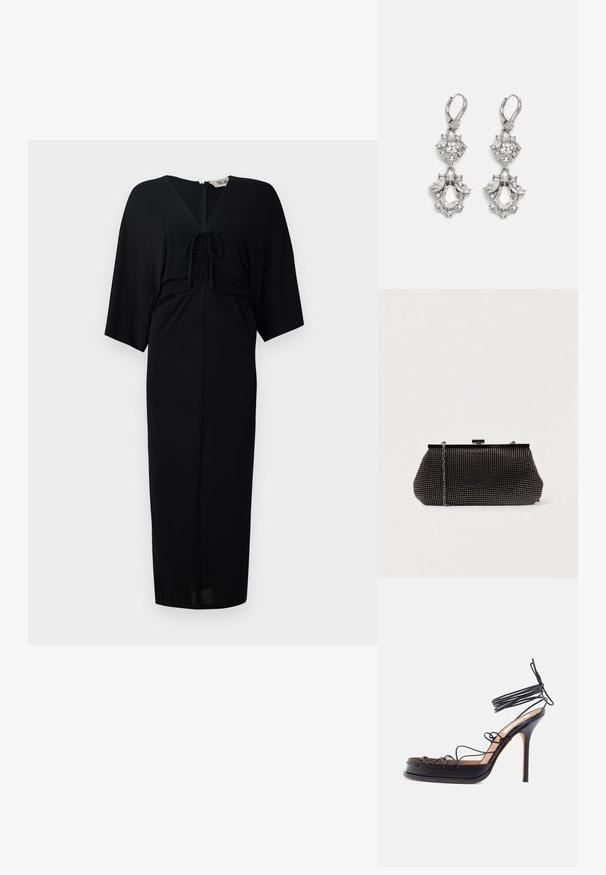Čierne midi šaty s krátkymi kimono rukávmi, predným viazaním, zipsom a priliehavým strihom. Hladká látka, minimalistický dizajn.; Čierna sandála na vysokom opätku s tenkými koženými remienkami obopínajúcimi nohu a členok, s ostrým ihlovým opätkom.; Čierna sieťová kabelka s pevným siluetou, zdobená malými kovovými cvočkami, má uzáver na klip a odnímateľný reťazový popruh.; Strieborné náušnice so viacerými čírymi krištáľovými drahokamami v tvare kvapky a marquise, s uzávermi na páku a zložitým detailným spracovaním.