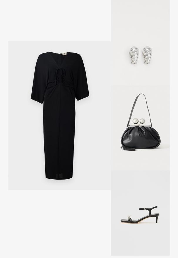 Zwart midi-jurkje met korte kimono-mouwen, voorband met strikdetail, een ritsluiting en een getailleerd silhouet. Glad materiaal, minimalistisch ontwerp.; Zwarte leren sandaal met hak, enkelbandje, open neus, vierkante voorkant en zilverkleurige accenten. Gesloten ontwerp met een slank profiel.; Zwarte leren handtas met een geplooid ontwerp, een enkele schouderband, zilverkleurige metalen omlijsting en twee grote ronde zilveren sluitingen.; Zilveren clip-on oorbellen met een spiraalontwerp, voorzien van een gladde metallic textuur en ronde vormen. Geen zichtbare versieringen of patronen.