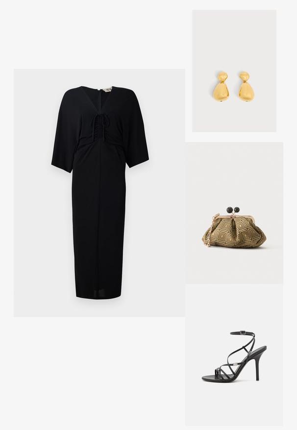 Zwart midi-jurkje met korte kimono-mouwen, voorband met strikdetail, een ritsluiting en een getailleerd silhouet. Glad materiaal, minimalistisch ontwerp.; Zwarte hoge hakken sandaal met dunne banden, een enkelgesp, een gladleren oppervlak en een slanke stilettohak.; Kleine clutch tas met goud-zwart geometrisch patroon, goudkleurig metalen frame, zwarte bolsluiting en een korte gouden kettingband.; Paar glanzende gouden druppelvormige oorbellen met een kleiner afgerond bovenstuk verbonden met een groter peer-vormig onderstuk.