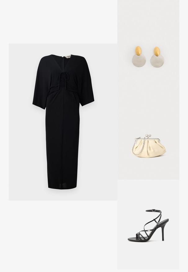 Zwart midi-jurkje met korte kimono-mouwen, voorband met strikdetail, een ritsluiting en een getailleerd silhouet. Glad materiaal, minimalistisch ontwerp.; Zwarte hoge hakken sandaal met dunne banden, een enkelgesp, een gladleren oppervlak en een slanke stilettohak.; Geplooide beige leren clutch met een zilveren metalen frame, voorzien van twee ronde decoratieve sluitingen en een zilveren kettingriem.; Gouden en zilveren metalen oorbellen met een ronde schijfbasis en een ovale bovenstuk, gladde textuur en gepolijste afwerking.