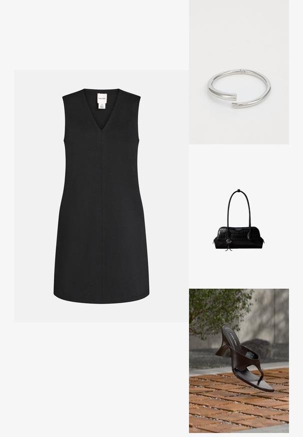 Robe noire sans manches avec un col en V, coupe droite et couture centrale visible, avec une petite étiquette de marque blanche à l'intérieur de l'encolure.; Sandale à talon marron Calvin Klein suspendue au-dessus d'un sol extérieur en dalles de bois et gravier avec un arrière-plan flou de verdure et de pierres.; Sac à épaule en cuir noir à texture crocodile, avec de longues sangles et un petit charm logo argenté sur une sangle.; Calvin Klein SPIRAL - Bracelet - silver-coloured