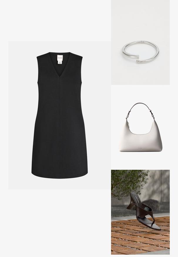 Robe noire sans manches avec un col en V, coupe droite et couture centrale visible, avec une petite étiquette de marque blanche à l'intérieur de l'encolure.; Sandale à talon marron Calvin Klein suspendue au-dessus d'un sol extérieur en dalles de bois et gravier avec un arrière-plan flou de verdure et de pierres.; Sac à bandoulière en cuir couleur crème de Calvin Klein avec bord supérieur incurvé, fermeture éclair argentée et sangle ajustable brun foncé.; Calvin Klein SPIRAL - Bracelet - silver-coloured