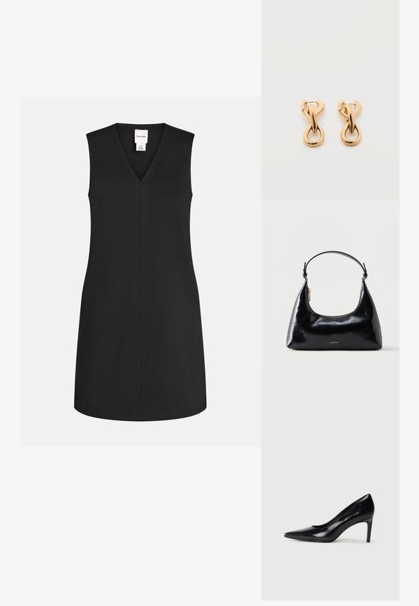 Robe noire sans manches avec un col en V, coupe droite et couture centrale visible, avec une petite étiquette de marque blanche à l'intérieur de l'encolure.; Chaussure à talon haut en cuir noir avec un bout pointu, texture lisse et un talon effilé. Design minimaliste, sans embellissements supplémentaires.; Sac à main Calvin Klein noir brillant avec fermeture éclair dorée et anse courte sur fond blanc uni.; Paire de boucles d'oreilles créoles en bouclettes dorées brillantes sur fond blanc uni, présentant un design torsadé entrelacé.