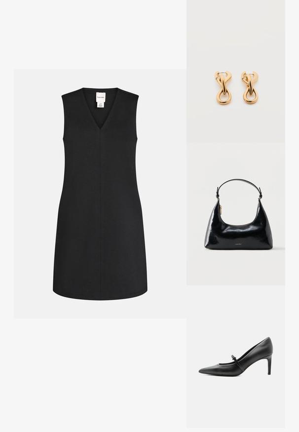 Robe noire sans manches avec un col en V, coupe droite et couture centrale visible, avec une petite étiquette de marque blanche à l'intérieur de l'encolure.; Escarpin noir en cuir à bout pointu avec une fine bride et une boucle sur le cou-de-pied, posé sur un fond clair neutre.; Sac à main Calvin Klein noir brillant avec fermeture éclair dorée et anse courte sur fond blanc uni.; Paire de boucles d'oreilles créoles en bouclettes dorées brillantes sur fond blanc uni, présentant un design torsadé entrelacé.