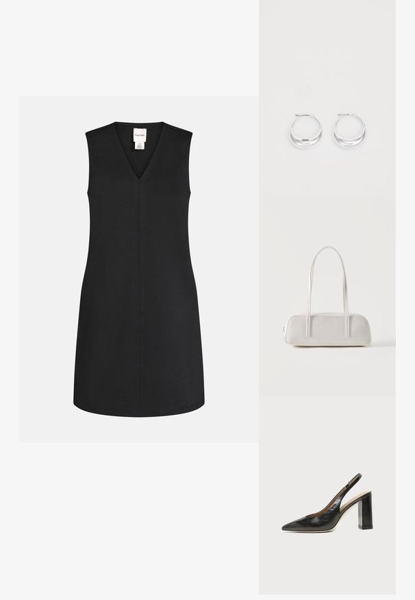 Robe noire sans manches avec un col en V, coupe droite et couture centrale visible, avec une petite étiquette de marque blanche à l'intérieur de l'encolure.; Chaussure slingback en cuir noir à bout pointu avec un talon bloc haut et une doublure intérieure beige sur un fond clair uni.; Sac d'épaule rectangulaire blanc avec des bretelles longues et fines, couture minimale, et fermeture éclair sur un fond uni.; Boucles d'oreilles en argent avec une finition polie et un branding DKNY, présentées sur un fond blanc uni.