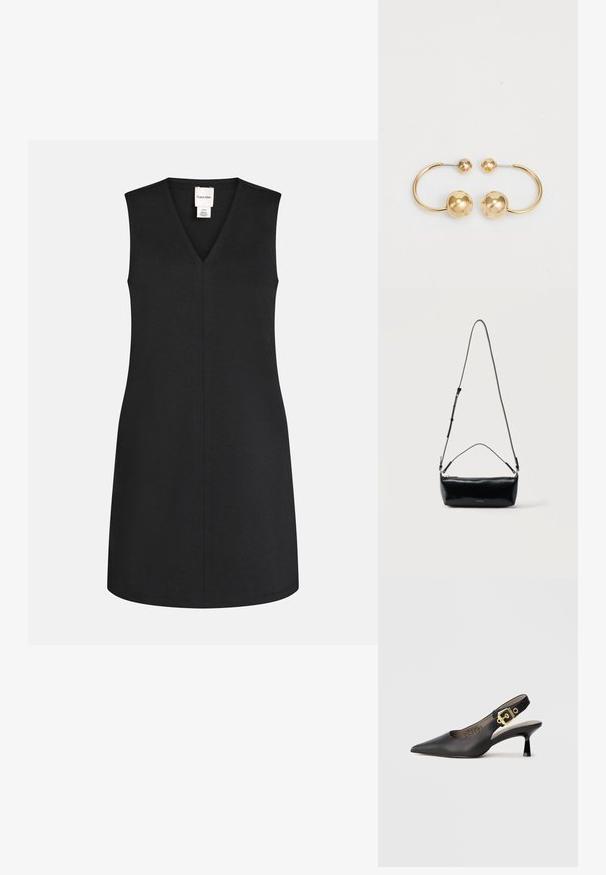 Robe noire sans manches avec un col en V, coupe droite et couture centrale visible, avec une petite étiquette de marque blanche à l'intérieur de l'encolure.; Chaussure à talon haut noire à bride arrière, avec un bout pointu, une texture en cuir lisse et une accent de boucle dorée sur la bride.; Sac bandoulière rectangulaire en cuir noir avec bandoulière ajustable, fermeture éclair sur le dessus et petit logo Calvin Klein doré sur le devant.; Boucles d'oreilles en métal doré présentant un design circulaire avec deux sphères, l'une plus grande et texturée, et une petite boule polie en haut.