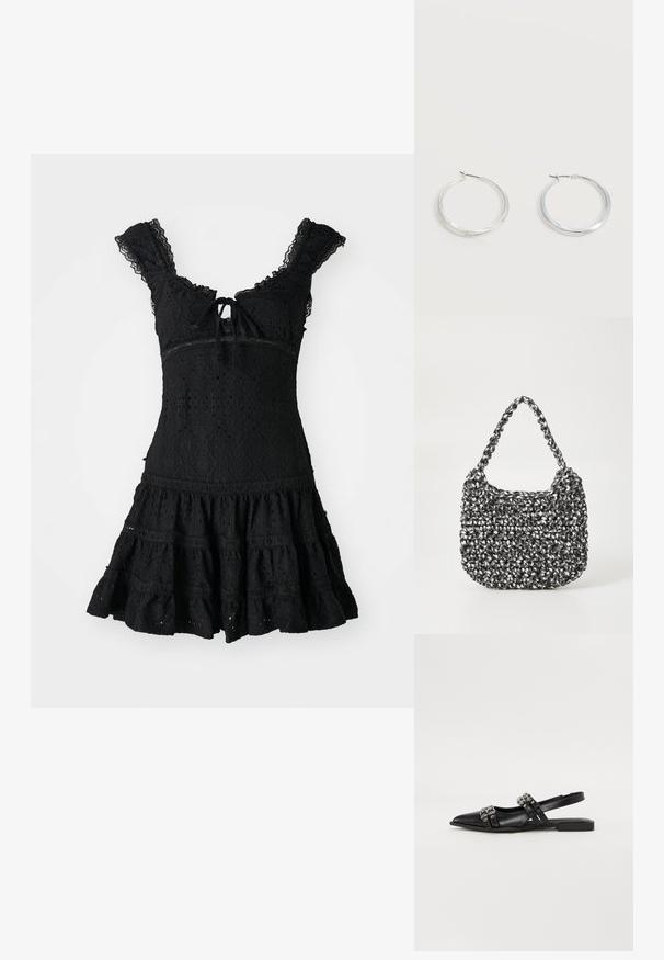 Schwarzes Spitzenkleid mit tailliertem Oberteil, Rüschensäumen und schwingendem Rock. Verfügt über ein Schlüsselaugen-Bindungsdetail und aufwendige Blumenmuster.; Even&Odd by Zalando Sling-Ballerina - black; Gewebte Handtasche in Schwarz und Weiß mit runder Form, strukturiertem Oberflächenfinish und geflochtener Grifffläche. Geeignet für den lässigen Gebrauch.; Silberne Metallcreolen mit glatter, leicht gebogener Oberfläche und Klappverschluss vor schlicht weißem Hintergrund.