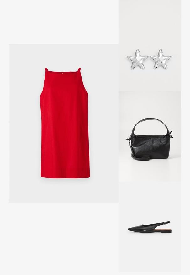Robe sans manches rouge avec une coupe droite, réalisée en tissu lisse. Comprend de fines bretelles et un détail de couture subtil au dos.; Chaussure slingback en cuir noir avec un bout pointu, un léger éclat et une bride de cheville réglable. Talon plat avec une semelle intérieure marron.; Sac à main en cuir noir au design structuré, avec une poignée arrondie et une bandoulière amovible. Présente une texture lisse et un éclat subtil.; Boucles d'oreilles argentées en forme d'étoile, avec une surface lisse et brillante. Chaque boucle d'oreille possède cinq pointes et des détails subtils de texture de surface.