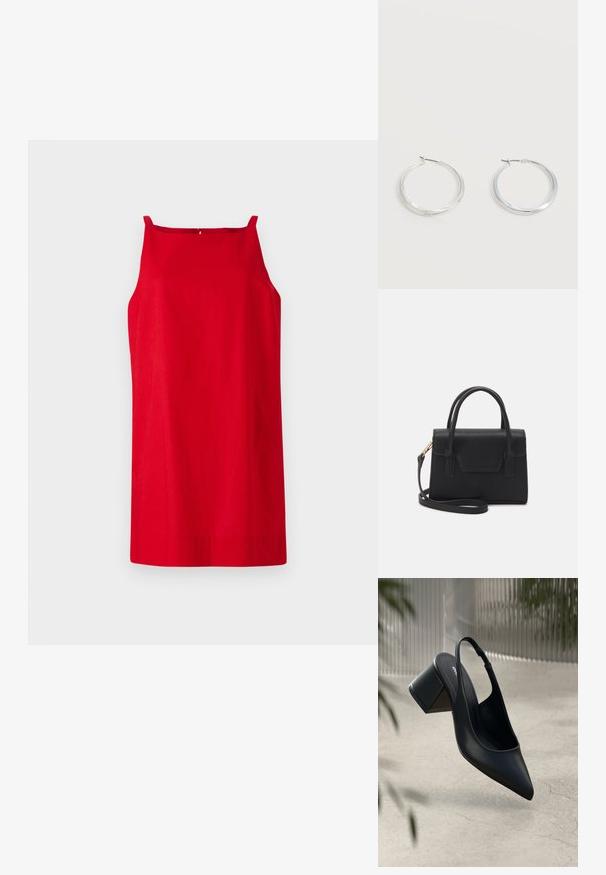 Robe sans manches rouge avec une coupe droite, réalisée en tissu lisse. Comprend de fines bretelles et un détail de couture subtil au dos.; Escarpin noir en cuir avec un bout pointu et un talon bloc. Texture lisse, design minimaliste et bride de cheville réglable.; Sac à main structuré noir en cuir avec une poignée supérieure, une bandoulière détachable et un détail à rabat à l'avant. Accents en matériel doré.; Boucles d’oreilles créoles en métal argenté avec une surface lisse légèrement incurvée et des fermoirs à clapet sur un fond blanc uni.