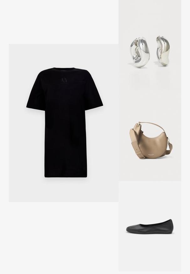 Sort T-shirt med rund hals og korte ærmer, med et logo på brystet. Lavet af blødt stof med en afslappet pasform.; Sort læderballetsko med rund tå, glat tekstur, minimal syning og et fleksibelt såldesign.; Beige lædertaske i halvmåneform med bred justerbar strop og lille håndtag, prydet med sølvpræget mærke- og steds tekst.; Sølvskulpturelle øreringe med glatte, buede former og reflekterende overflader. Har et lukket hoop-design og en markant organisk form.