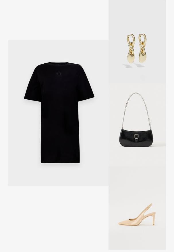 Camiseta negra de cuello redondo con mangas cortas, que presenta un detalle de logo en el pecho. Fabricada con una tela suave y con un corte relajado.; Tacón slingback de charol nude con punta afilada, empeine abierto y un delgado tacón stiletto. Presenta un acento dorado circular en la correa.; Bolso de hombro de charol negro con detalle de hebilla plateada y correa de cadena plateada, presentado sobre un fondo liso y claro.; Pendientes de aro dorados con un diseño enlazado y acentos en forma de lágrima suaves. El acabado reflectante realza el atractivo visual.
