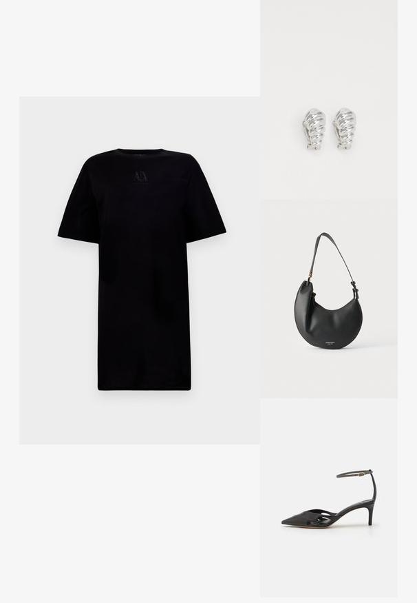 Sort T-shirt med rund hals og korte ærmer, med et logo på brystet. Lavet af blødt stof med en afslappet pasform.; Sort læder højhælet sko med spids tå, åbne sider og en tynd ankelrem med en lille guld detalje.; Sort læder skuldertaske i halvmåneform med justerbar rem og lille hvid logo tekst foran mod en lys baggrund.; Sølv clip-on øreringe med spiralmønster, der har en glat metallisk tekstur og runde former. Ingen synlige udsmykninger eller mønstre.