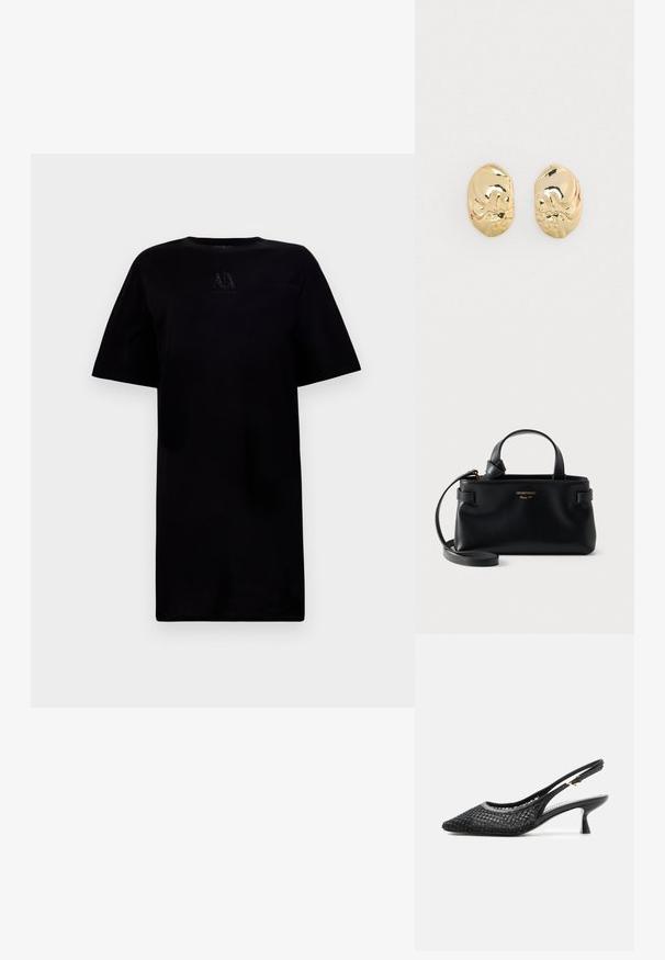 T-shirt noir à col rond et manches courtes, avec un détail de logo sur la poitrine. Fabriqué en tissu doux avec une coupe décontractée.; Chaussure noire à talon kitten slingback avec bout pointu, dessus en mesh et perlé, et fine bride de cheville avec boucle dorée.; Sac à main en cuir noir Emporio Armani avec deux anses, bandoulière amovible et logo doré sur le devant.; Boucles d'oreilles en métal doré avec une forme irrégulière, présentant une finition polie et des détails texturés subtils sur la surface.