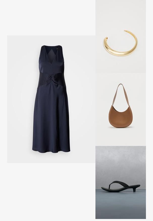 Navy-blaues ärmelloses Kleid aus Satin mit V-Ausschnitt, gedrehtem Oberteil und fließender A-Linie-Silhouette. Glatte, glänzende Textur.; Schwarze Calvin Klein Flip-Flop-Sandale mit kleinem Absatz, liegend auf einem Holzfliesenboden im Freien in der Nähe einer verschwommenen Wand und Pflanzen.; Braune, lederne, halbmondförmige Umhängetasche mit breitem Riemen und genarbter Oberfläche, vor einem schlichten hellen Hintergrund präsentiert.; Goldfarbener Metallarmreif mit einer glatten, reflektierenden Oberfläche und einem minimalistischen Design, das sanft abgerundete Kanten und offene Enden aufweist.