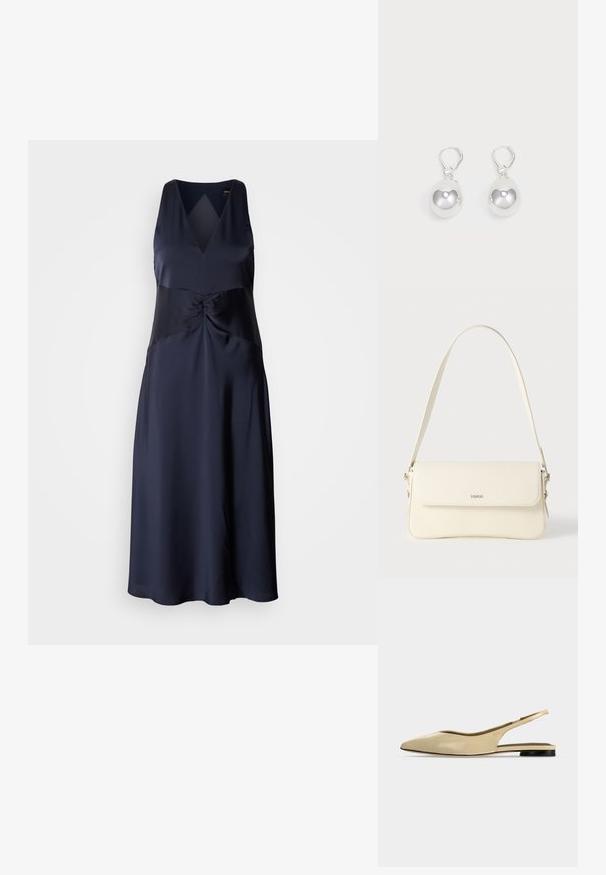 Navy-blaues ärmelloses Kleid aus Satin mit V-Ausschnitt, gedrehtem Oberteil und fließender A-Linie-Silhouette. Glatte, glänzende Textur.; Beiger Slingback-Ballerina mit spitzer Kappe, niedrigem schwarzem Absatz und glattem Lederfinish, seitlich auf einfarbigem Hintergrund gezeigt.; Schultertasche aus cremefarbenem Leder mit Klappverschluss, silbernen Beschlägen, einem verstellbaren Riemen und einem dezenten Logodetail.; Silberne Tropfenohrringe mit glatten, runden, reflektierenden Oberflächen, die an Hakenverschlüssen hängen. Der Hintergrund ist reinweiß.