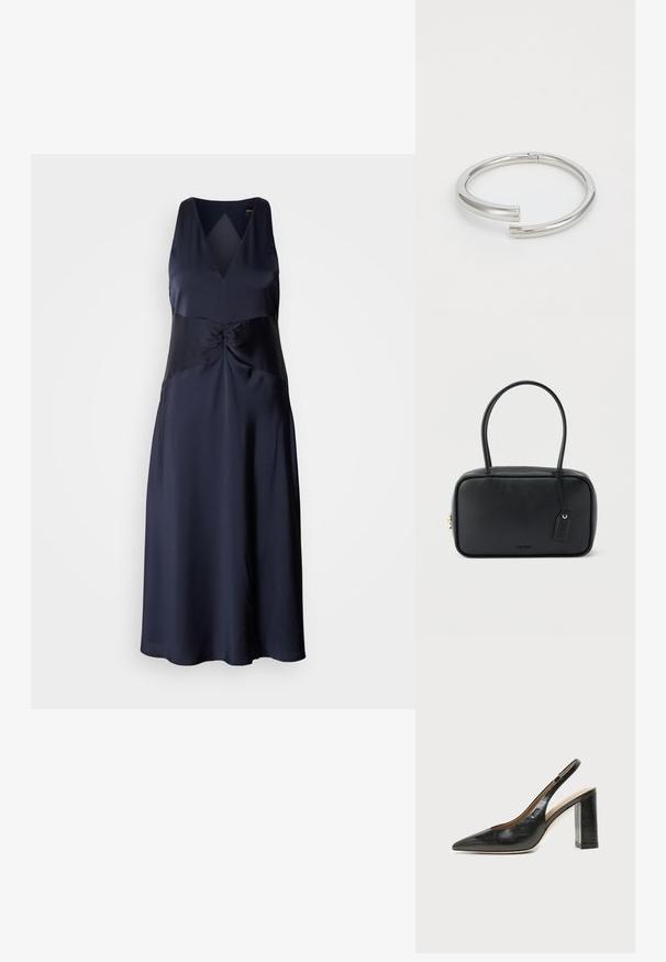 Navyblauw mouwloos satijnen jurk met een V-halslijn, gedraaide taille-detail en vloeiende A-lijn silhouet. Gladde, glanzende textuur.; Zwarte leren slingback schoen met spits toelopend neusje, hoge blokhak en beige binnenvoering tegen een effen lichte achtergrond.; Zwarte rechthoekige handtas met dubbele afgeronde handvaten, gouden ritssluiting en geperst "HUGO" logo aan de voorkant met een aangehecht lederen label.; Calvin Klein SPIRAL - Armband - silver-coloured