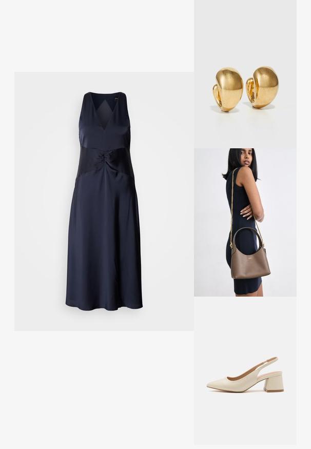 Navy-blaues ärmelloses Kleid aus Satin mit V-Ausschnitt, gedrehtem Oberteil und fließender A-Linie-Silhouette. Glatte, glänzende Textur.; Spitz zulaufender Slingback-Pump aus hellem, beigem Leder mit niedrigem Blockabsatz. Verfügt über ein Ausschnittdesign und eine glatte Textur.; Braune Lederhandtasche mit geschwungener Silhouette, goldener Kettenumhänge und geprägtem Logo; vor einem neutralen Hintergrund präsentiert.; Goldfarbene Ohrringe mit einem glatten, abgerundeten Design und polierter Oberfläche. Verfügt über einen Clip-on-Stil für einfaches Tragen.