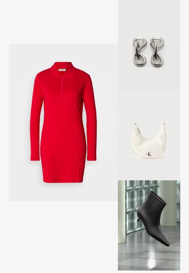 Rode polo jurk met lange mouwen, een textuurpatroon met verheven diamanten en harten, en een klassieke kraag met knoopsluiting.; Zwarte leren enkellaars met puntige neus en lage hak, afgebeeld tegen een glazen blokkenmuur en gepolijste vloer op de achtergrond.; Kleine witte handtas in de vorm van een halve maan met een kort hengsel, ritssluiting en zwart "cK" logo aan de voorkant.; Set zilverkleurige metalen oorbellen met een abstract ontwerp van in elkaar grijpende lussen op een witte achtergrond.