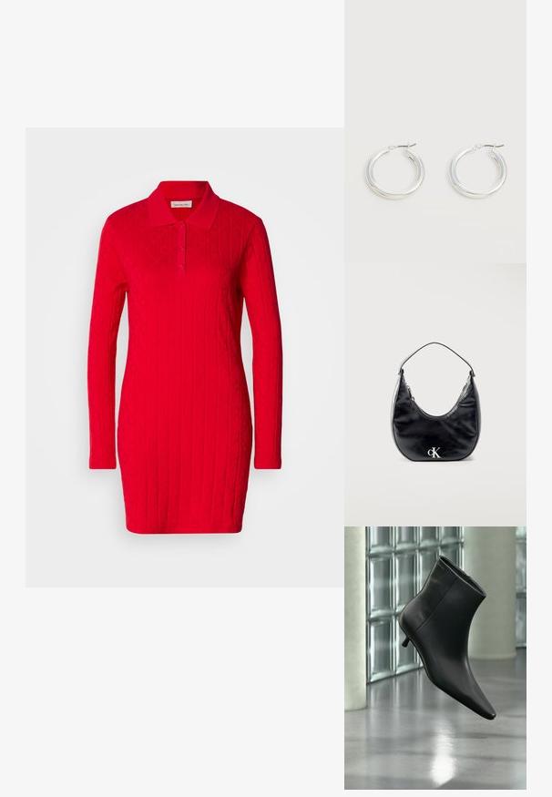 Rotes Polo-Kleid mit langen Ärmeln, strukturiertem Muster mit erhabenen Rauten und Herzen sowie einem klassischen Kragen mit Knopfverschluss.; Schwarzer Leder-Stiefelette mit spitzer Zehenpartie und niedrigem Kitten-Heel, schräg dargestellt vor einem polierten Boden und einer Glasbausteinwand.; Schwarze, halbmondförmige Ledertasche mit kurzem Riemen und silbernem „cK“-Logo auf der Vorderseite, Reißverschluss oben.; Paar mittelgroße glänzende silberne Hoop-Ohrringe mit dünnen Metallverschlüssen auf hellem neutralem Hintergrund.