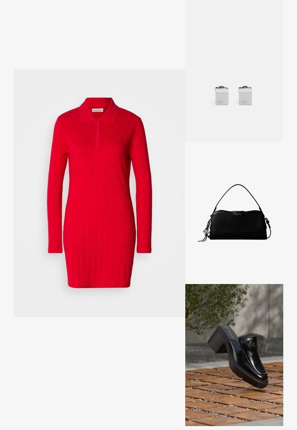 Rød polo-kjole med lange ærmer, tekstureret mønster med hævede diamanter og hjerter samt en klassisk krave med knaplukning.; Sort læder Calvin Klein slip-on mule med blokhæl, der hviler på trætøj udendørs nær en grøn plante og en grå væg.; Sort rektangulær Calvin Klein håndtaske med enkelt toprem, sølvlogo vedhæng og lille klaplukning foran.; Sølv firkantede manchettknapper med en poleret overflade, prydet med de indgraverede bogstaver "CK" på den ene side og en afrundet detalje på toppen.